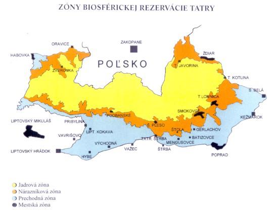 Zóny biosférickej rezervácie Tatry. Zdroj: Štátna ochrana prírody SR dostupné na www.sopsr.sk