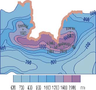 Obr. 5: Priemerné ročné úhrny zrážok v oblasti Tatier za roky 1961 – 1990 (Zdroj: FAŠKO, ŠŤASTNÝ, 2002)